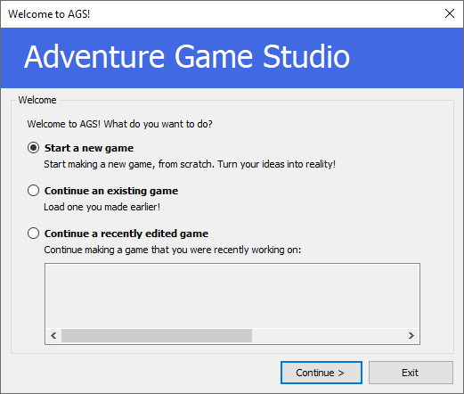 The "Welcome to AGS" dialog