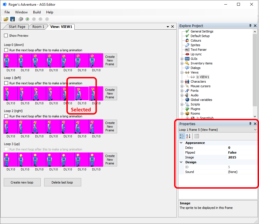 Property Grid showing frame properties