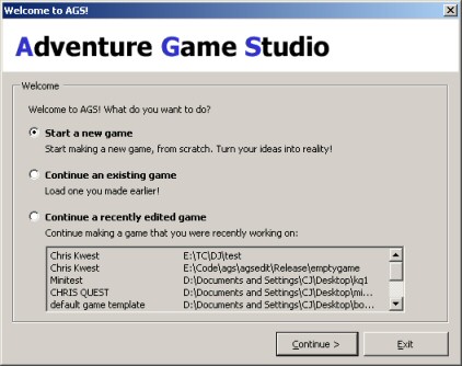 The "Welcome to AGS" dialog